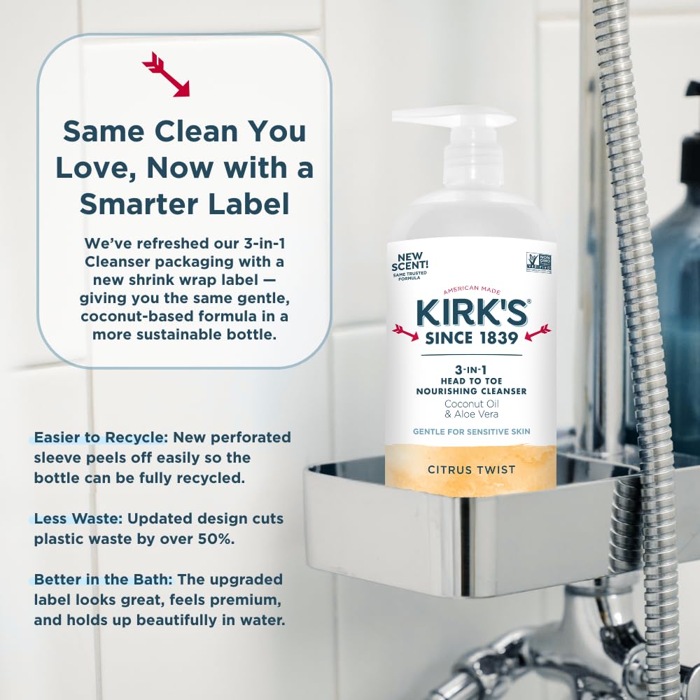 Kirks 3-in-1 Head to Toe Nourishing Cleanser – Coconut Oil, Aloe Vera, Citrus Twist – 32 Fl Oz