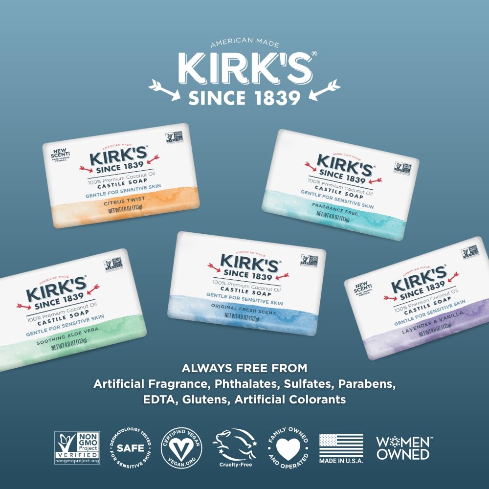 Kirk's Castile Bar Soap – Gentle Coconut Oil Formula for All Ages (6-Pack, 4 oz)