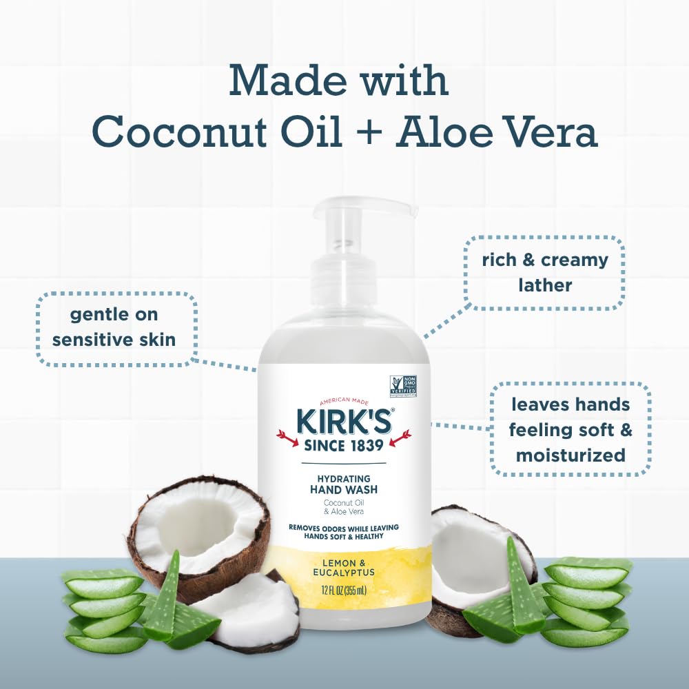 Kirk's Hydrating Hand Wash – Coconut Oil & Aloe, Odor Neutralizing, 12 oz Pump, 4-Pack