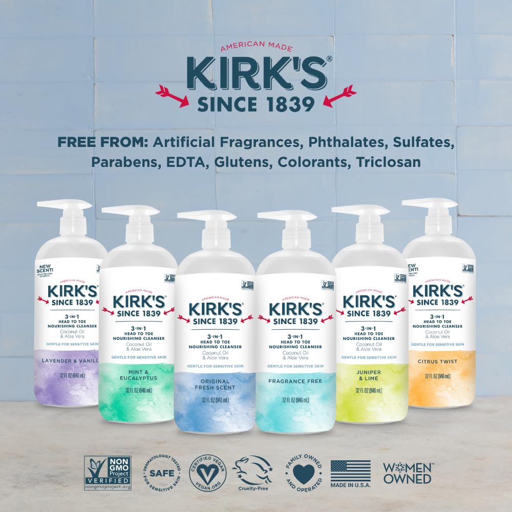 Kirk's 3-in-1 Castile Liquid Soap – Juniper & Lime Scent | Travel Size Bar + 32 oz Pump