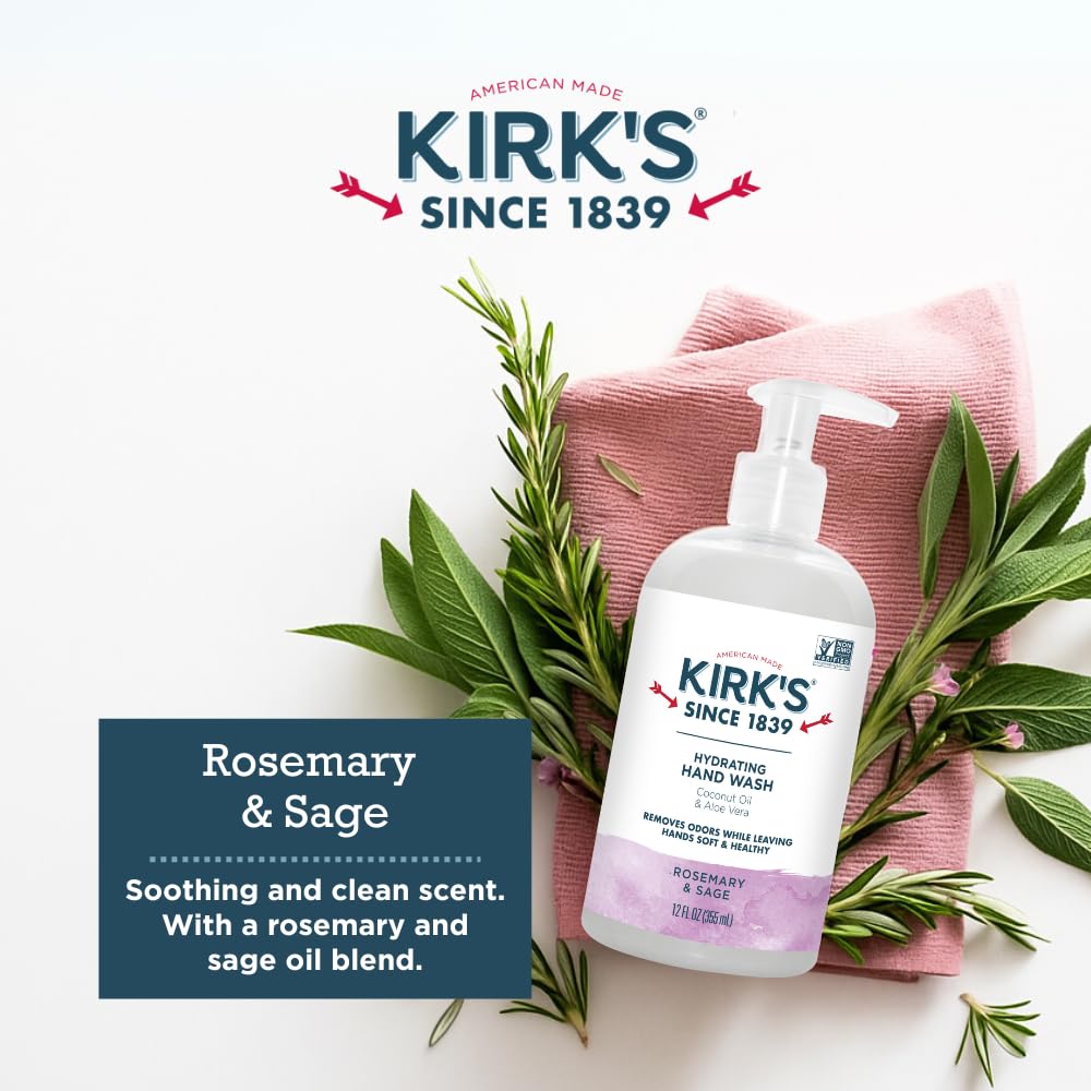 Kirk's Hydrating Hand Wash with Coconut Oil & Aloe Vera | Odor Neutralizing DeoPlex | Vegan & Non-GMO | Rosemary & Sage | 12 oz | 4 Pack
