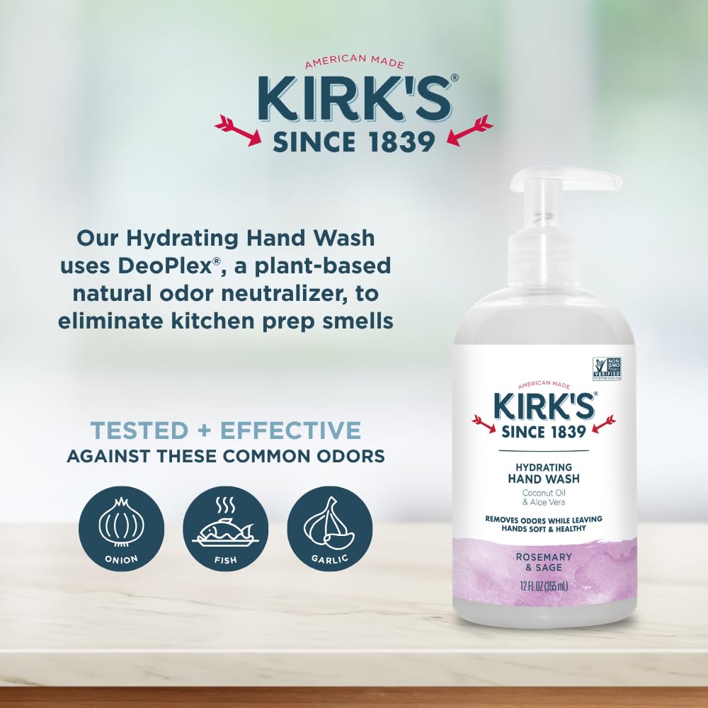 Kirk's Hydrating Hand Wash with Coconut Oil & Aloe Vera | Odor Neutralizing DeoPlex | Vegan & Non-GMO | Rosemary & Sage | 12 oz | 4 Pack