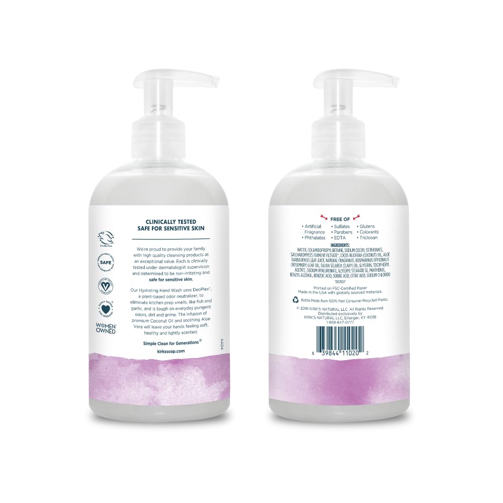 Kirk's Hydrating Hand Wash with Coconut Oil & Aloe Vera | Odor Neutralizing DeoPlex | Vegan & Non-GMO | Rosemary & Sage | 12 oz | 4 Pack
