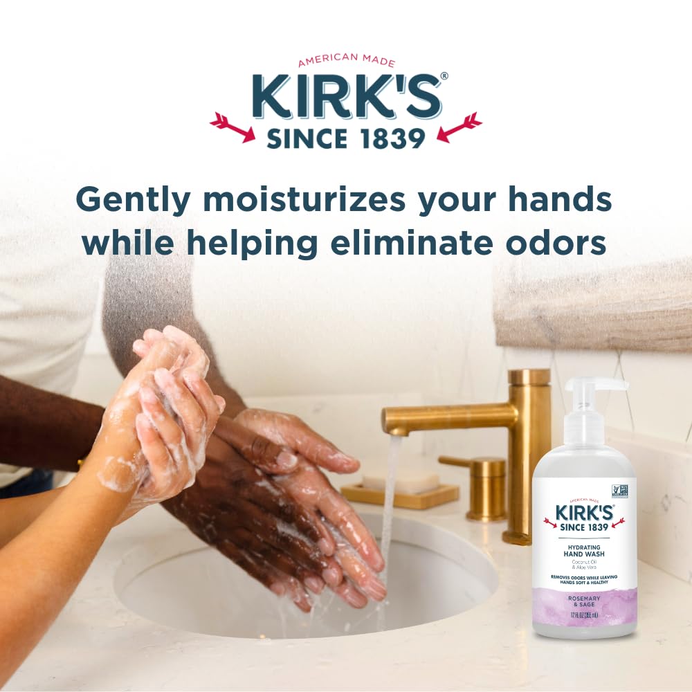 Kirk's Hydrating Hand Wash with Coconut Oil & Aloe Vera | Odor Neutralizing DeoPlex | Vegan & Non-GMO | Rosemary & Sage | 12 oz | 4 Pack