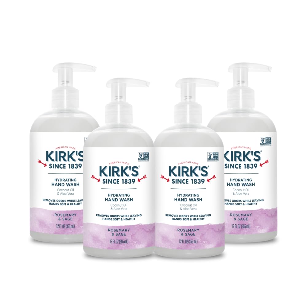 Kirk's Hydrating Hand Wash with Coconut Oil & Aloe Vera | Odor Neutralizing DeoPlex | Vegan & Non-GMO | Rosemary & Sage | 12 oz | 4 Pack
