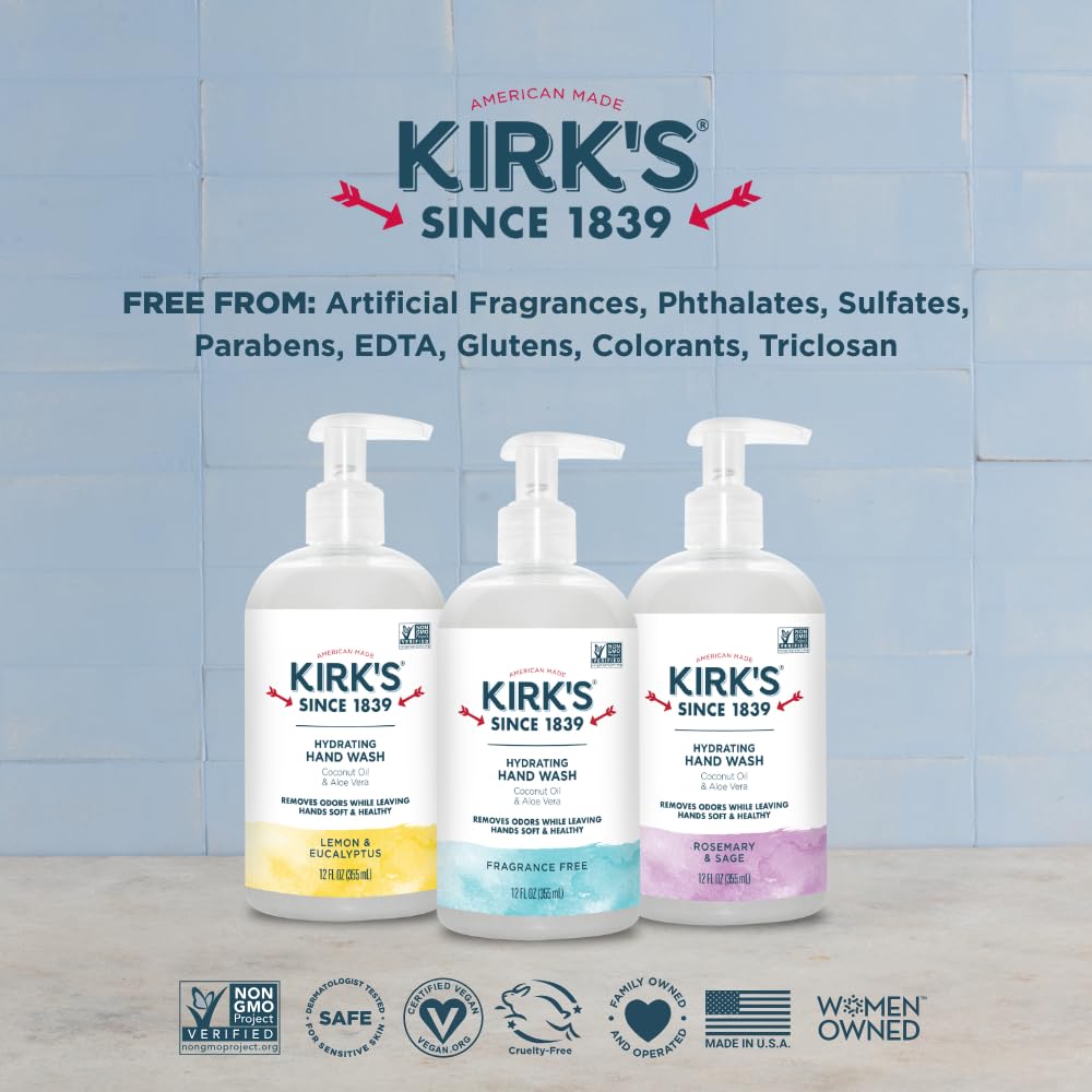 Kirk's Hydrating Hand Wash with Coconut Oil & Aloe Vera | Odor Neutralizing DeoPlex | Vegan & Non-GMO | Rosemary & Sage | 12 oz | 4 Pack