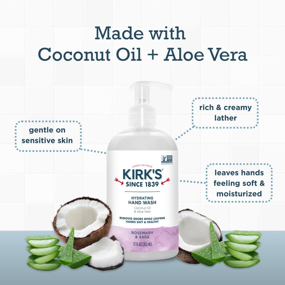 Kirk's Hydrating Hand Wash with Coconut Oil & Aloe Vera | Odor Neutralizing DeoPlex | Vegan & Non-GMO | Rosemary & Sage | 12 oz | 4 Pack
