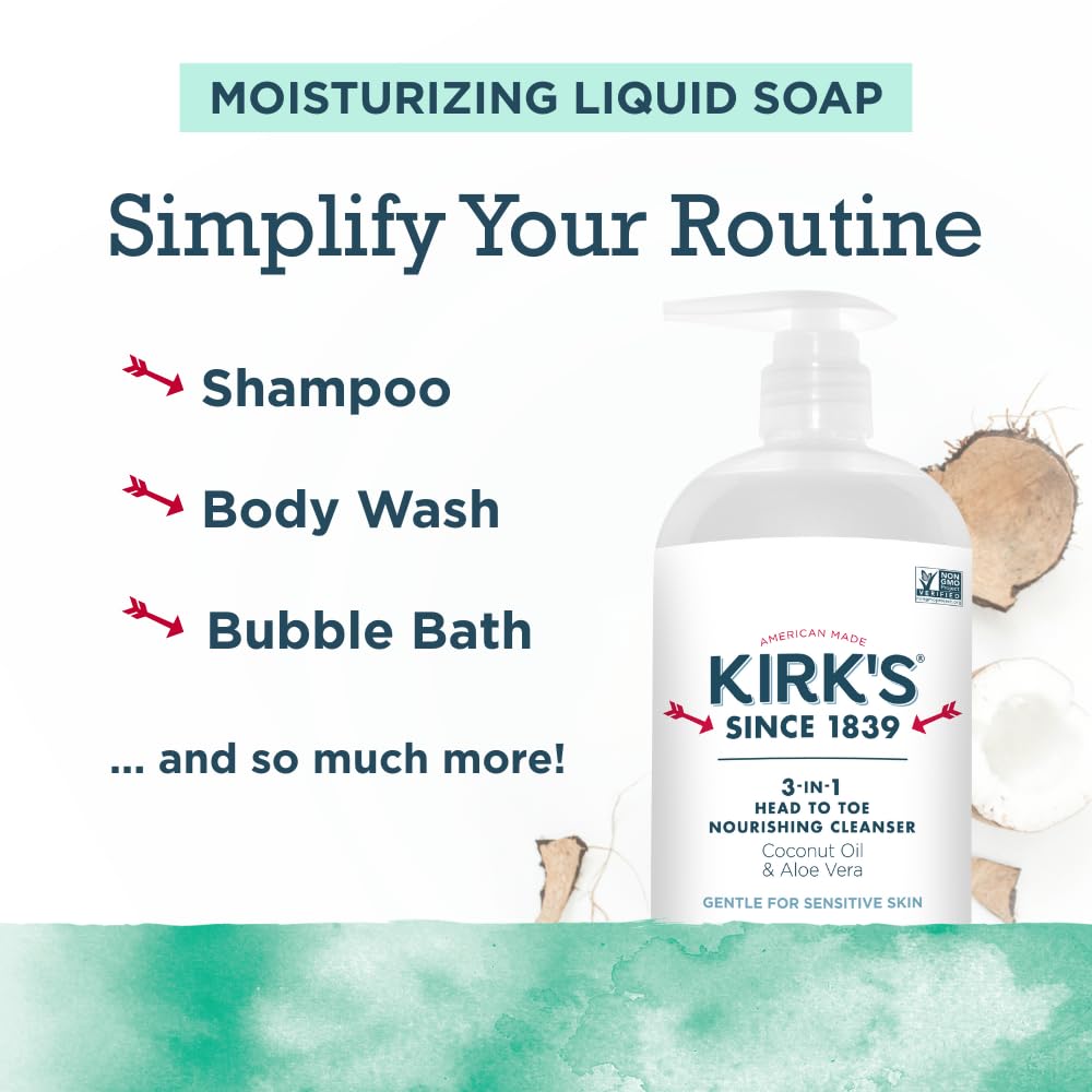 Kirks 3-in-1 Head to Toe Nourishing Cleanser & Bar Soap – Mint & Eucalyptus, Coconut Oil, Aloe, 32 oz (2-Pack)
