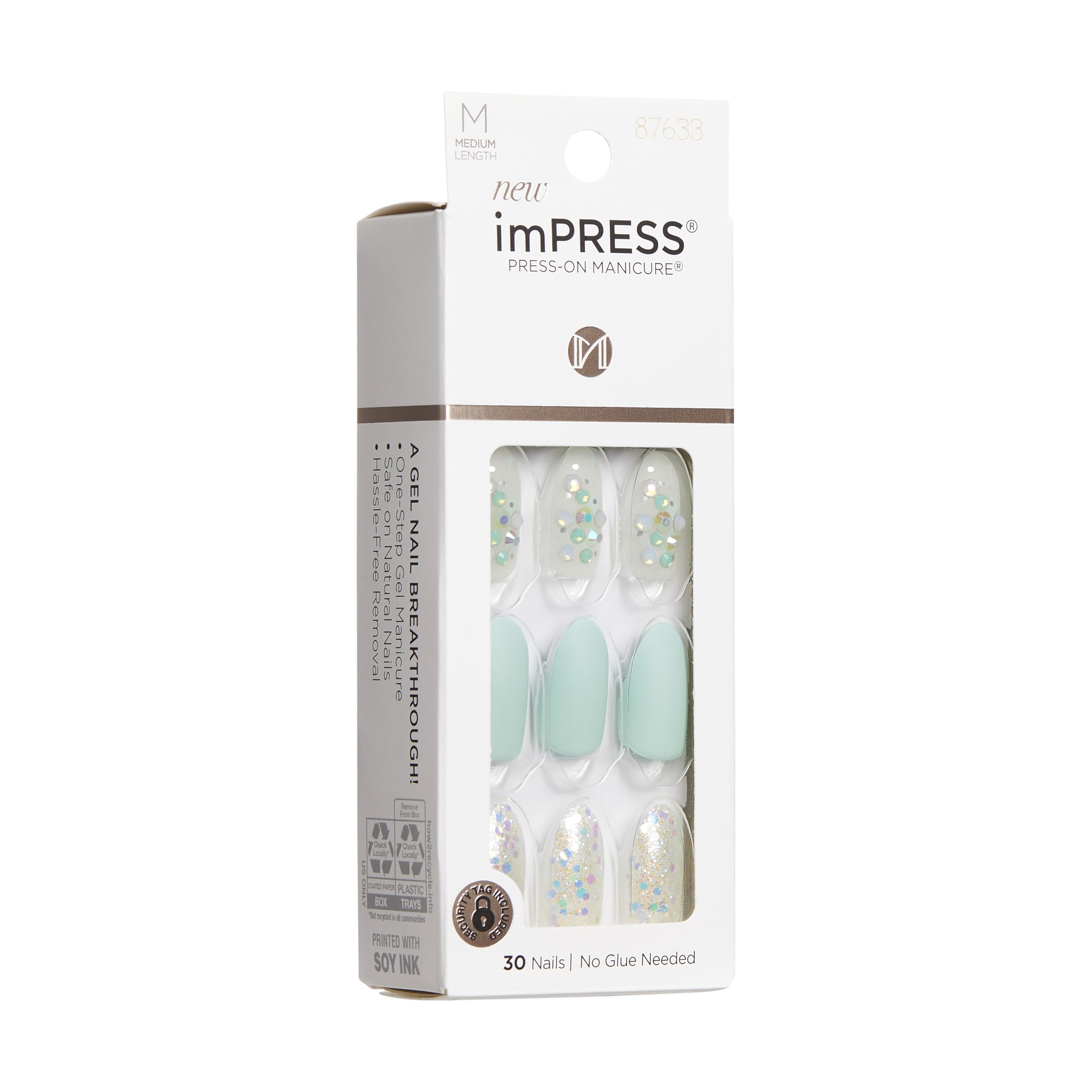 KISS imPRESS Press-On Manicure: Evergreen Mint Glitter, Medium Almond Nails, No Glue