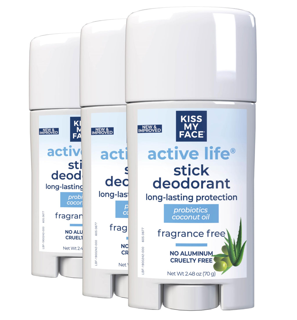 Kiss My Face Active Life Deodorant – Aluminum-Free, Fragrance-Free with Probiotics & Coconut Oil | 72 Hour Odor Control, 3-Pack