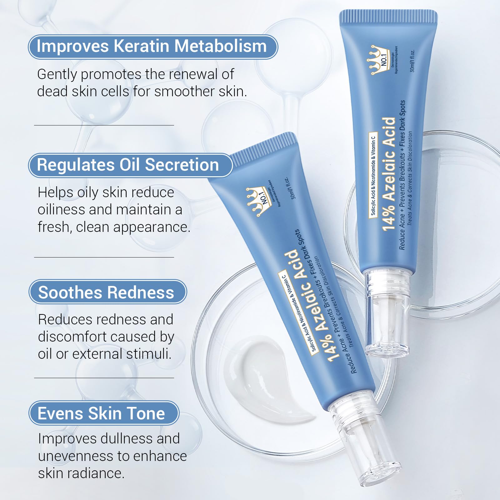 KIUORET 14% Azelaic Acid Acne Cream with Hyaluronic Acid, Niacinamide & Squalane