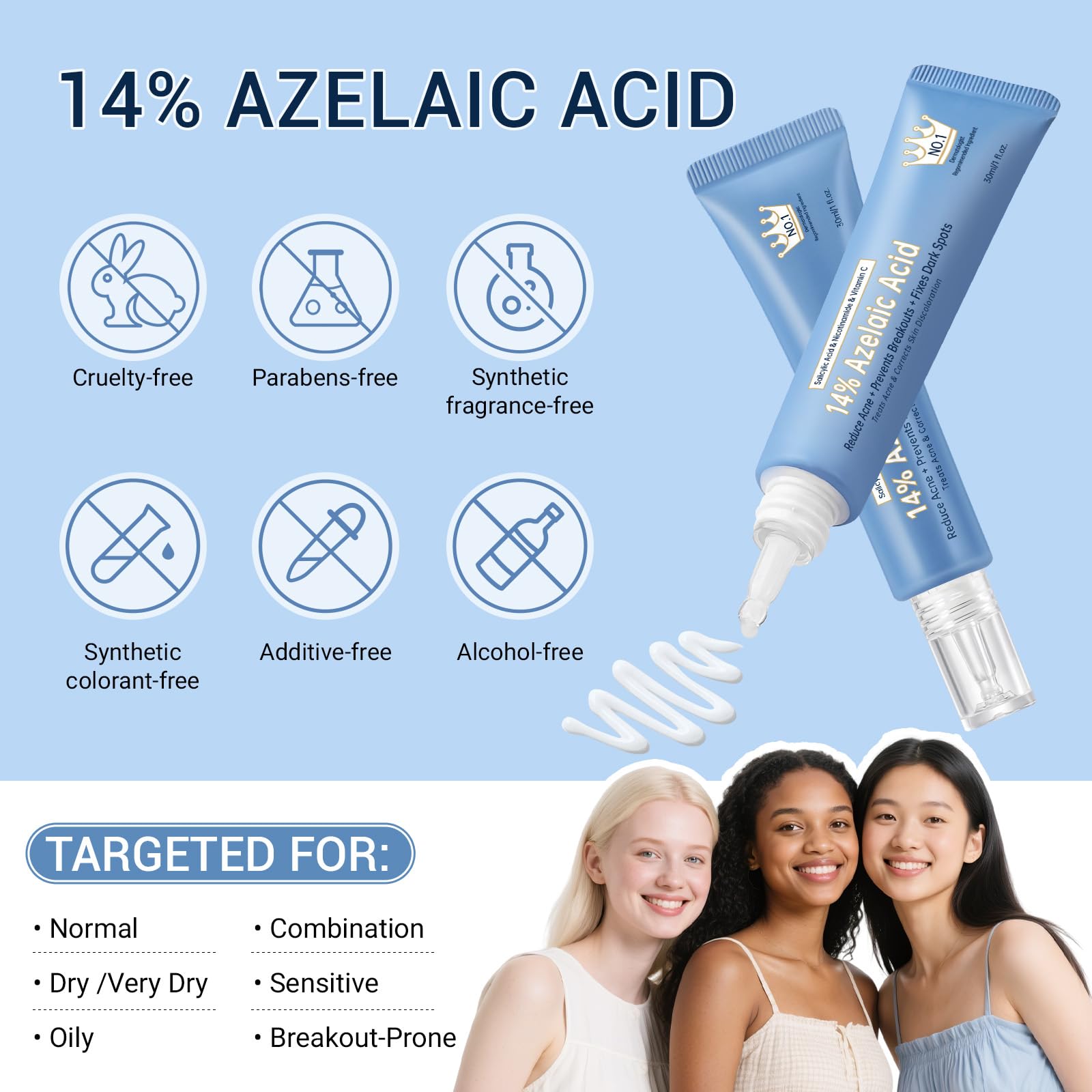 KIUORET 14% Azelaic Acid Acne Cream with Hyaluronic Acid, Niacinamide & Squalane