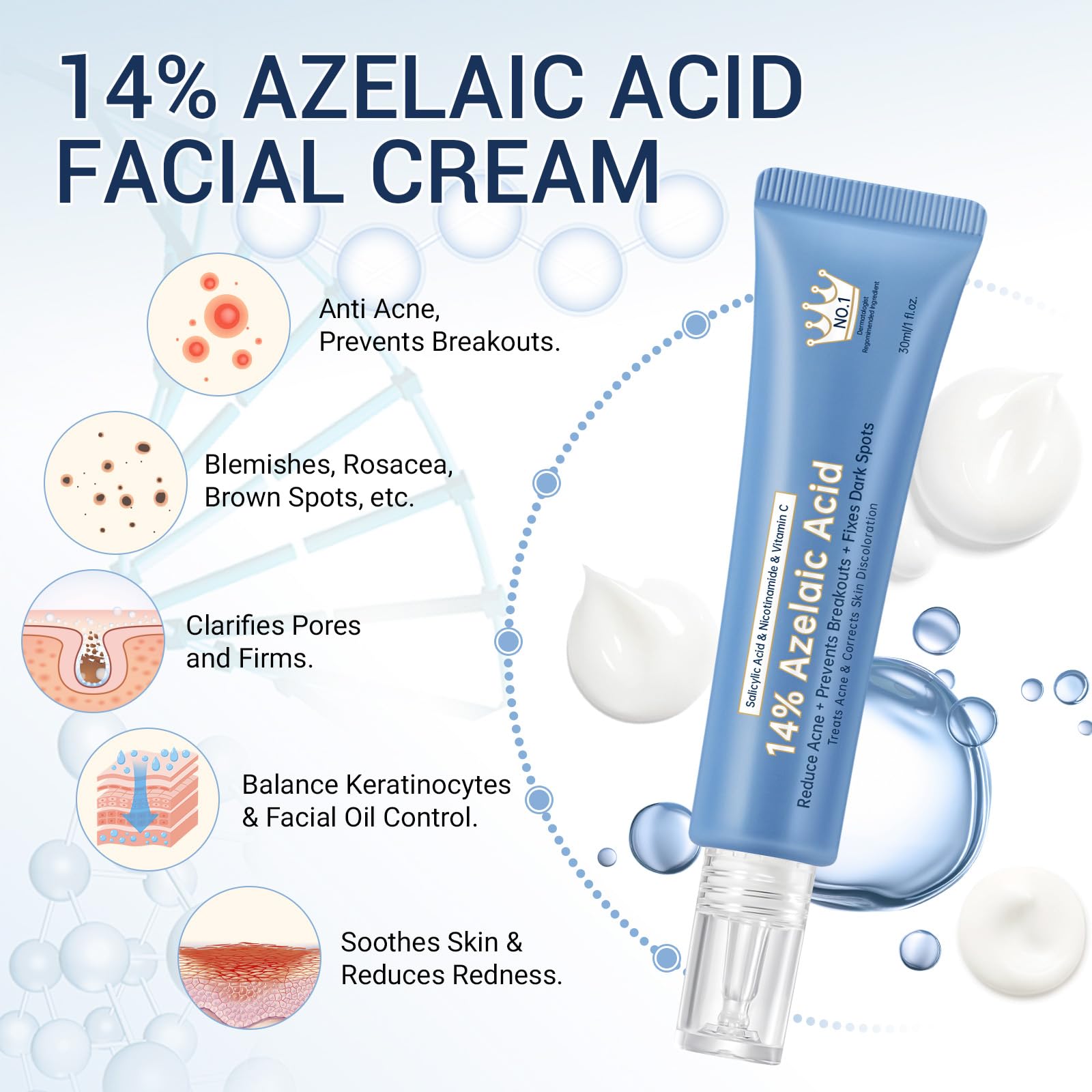 KIUORET 14% Azelaic Acid Acne Cream with Hyaluronic Acid, Niacinamide & Squalane