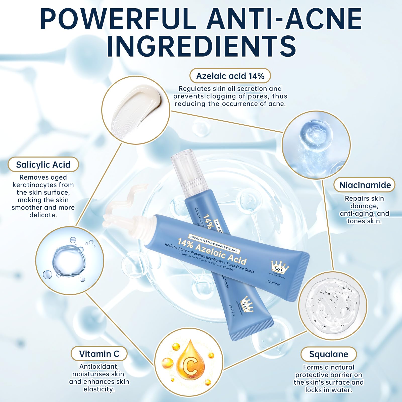 KIUORET 14% Azelaic Acid Acne Cream with Hyaluronic Acid, Niacinamide & Squalane