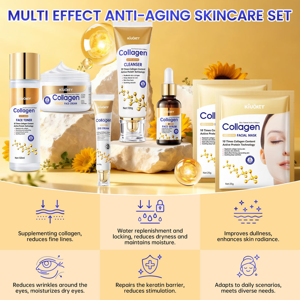 KIUORET Collagen Skin Care Set – 7-Piece Moisturizing Routine for Firm, Balanced Skin