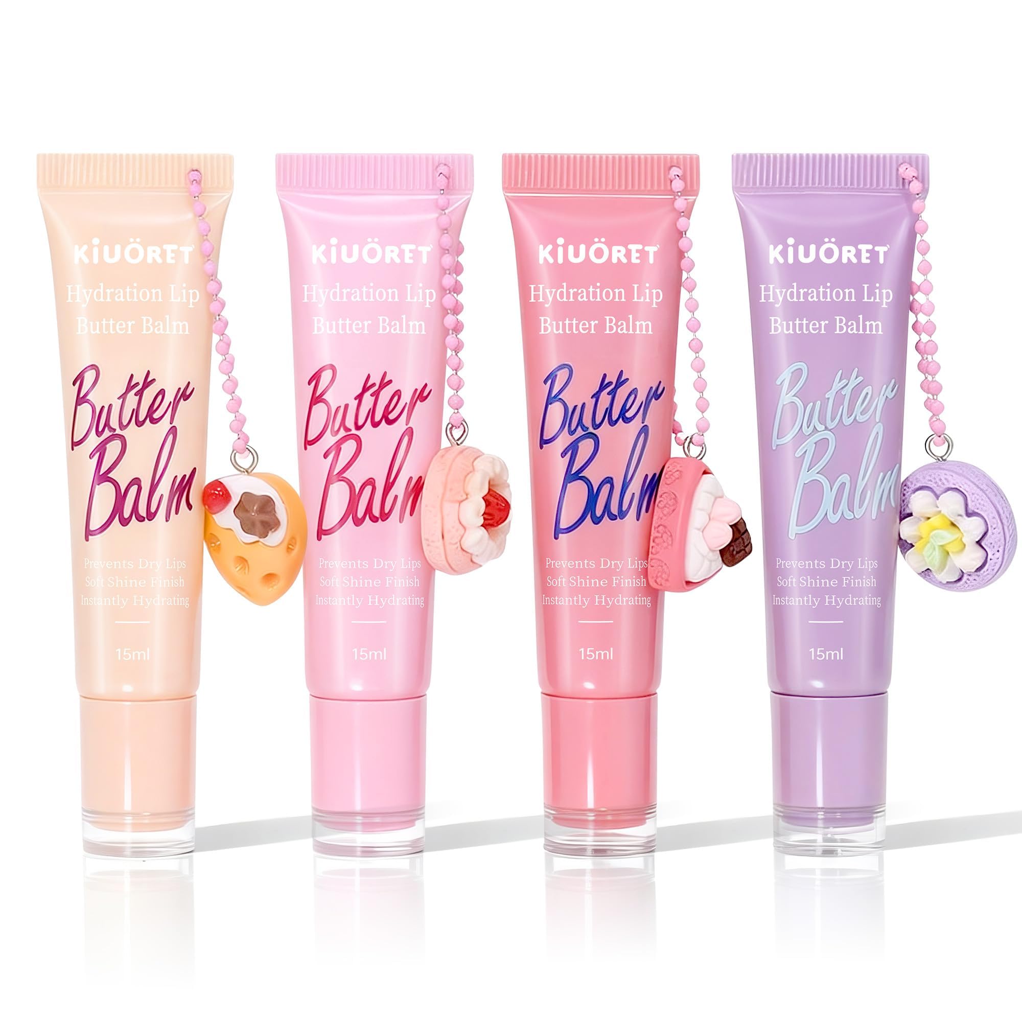 KIUORET Hydration Lip Gloss Set – 4 Pc Keychain with Cute Charms