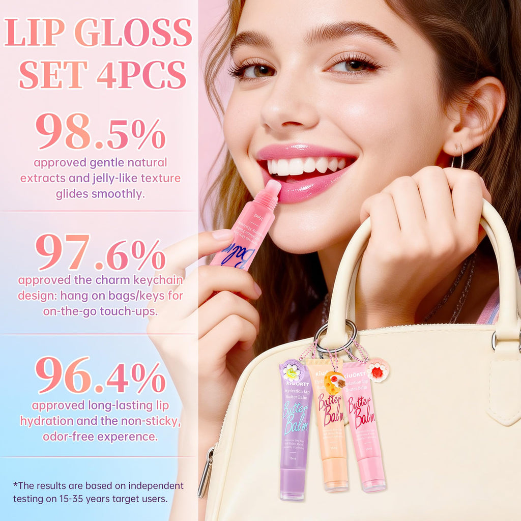 KIUORET Hydration Lip Gloss Set – 4 Pc Keychain with Cute Charms