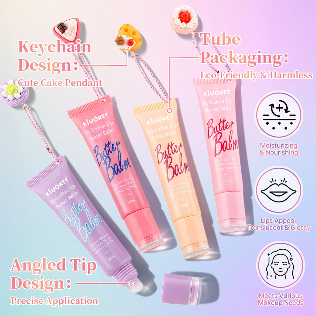 KIUORET Hydration Lip Gloss Set – 4 Pc Keychain with Cute Charms