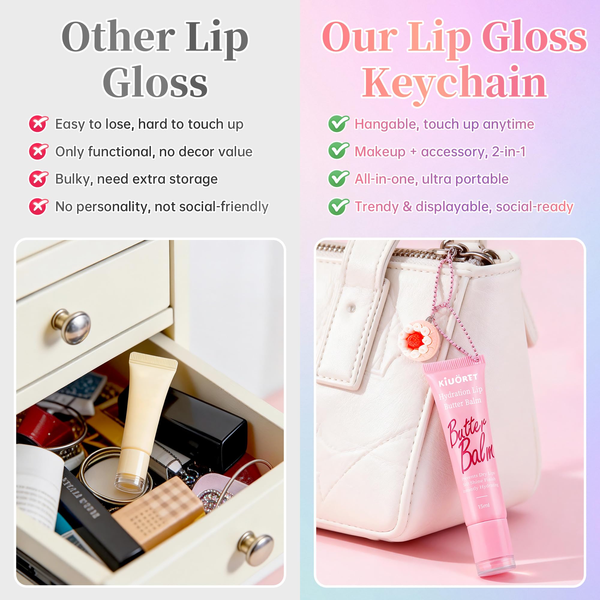 KIUORET Hydration Lip Gloss Set – 4 Pc Keychain with Cute Charms