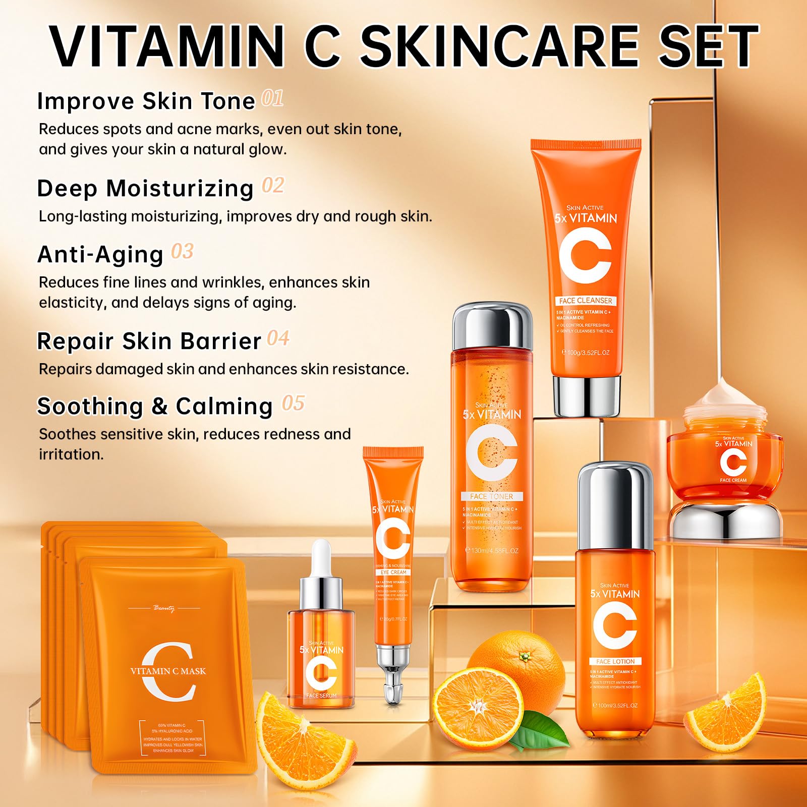 KIUORET 11-Piece Vitamin C Skincare Set for Teens & Women – Cleanser, Toner, Eye Cream, Serum, Lotions, Cream & Sheet Masks