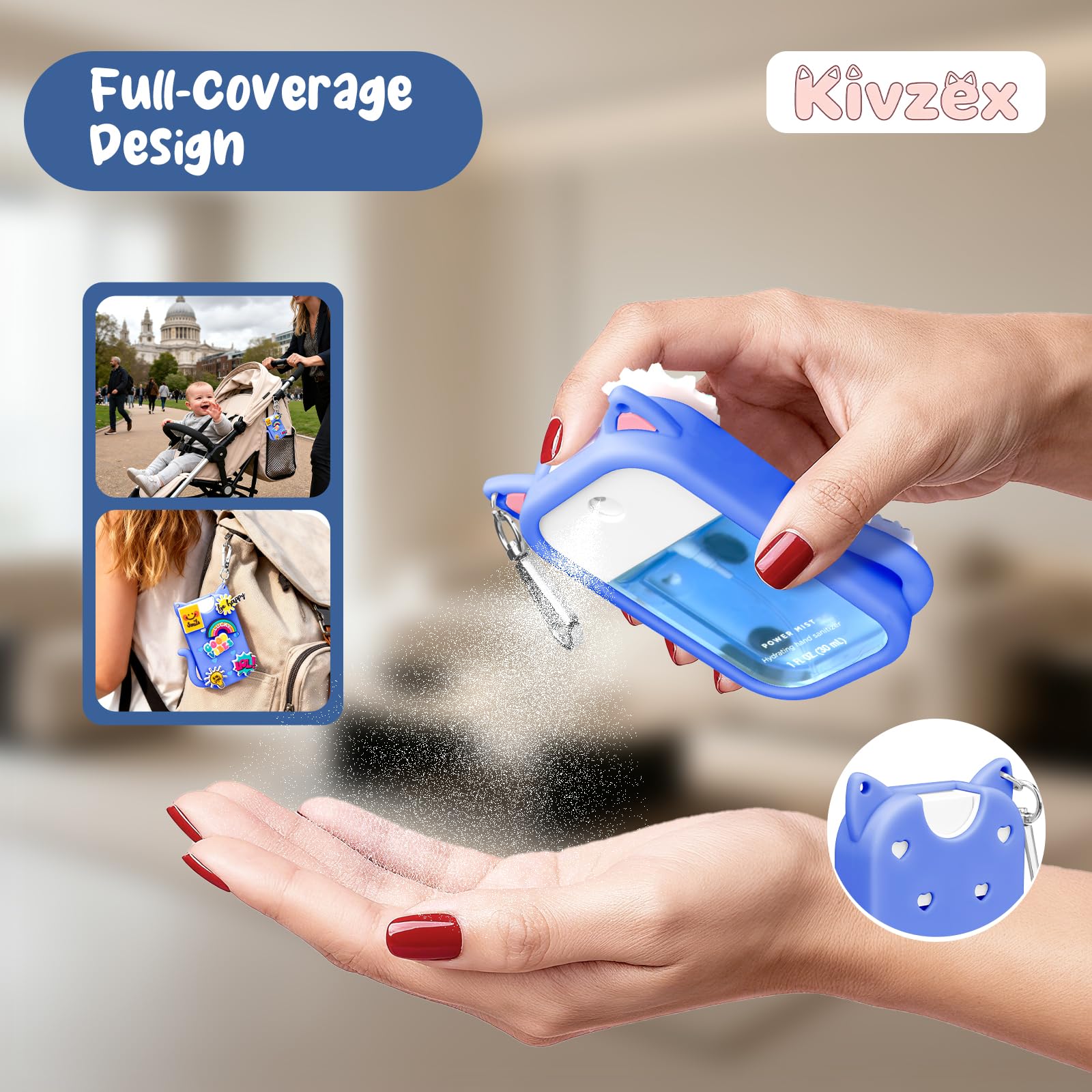 Kivzex Cat Silicone Case for Touchland 1oz Spray – Blue, Keychain & Charms