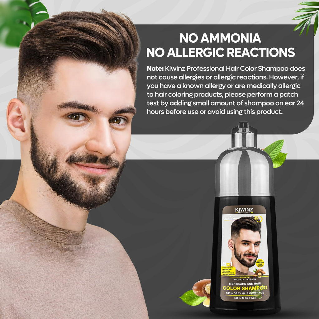 Kiwinz Professional Light Brown Hair Color Shampoo for Men – 5 in 1, Ammonia Free, 500ml