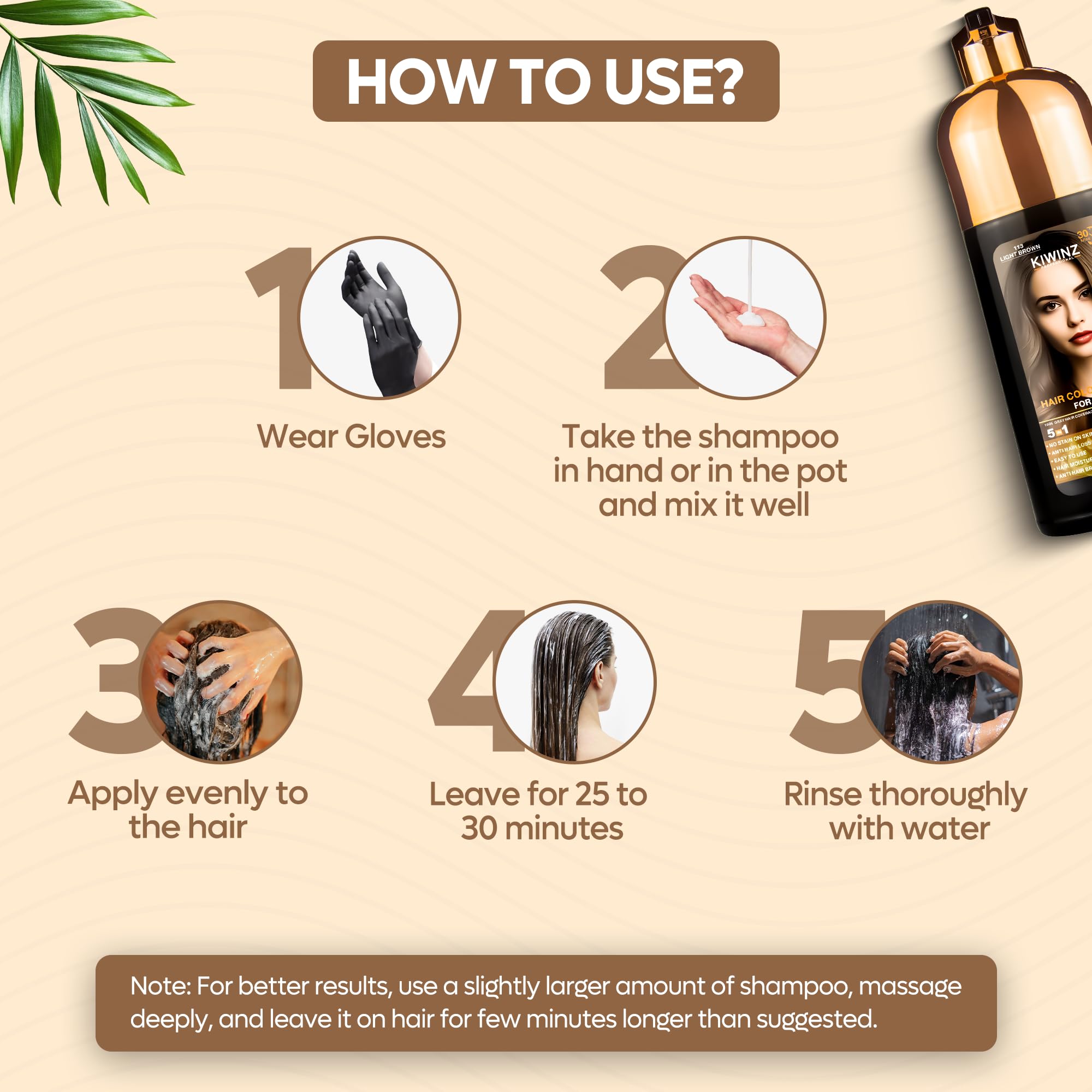 Kiwinz Professional Hair Color Shampoo – 5 in 1, Ammonia-Free, Instant Grey Coverage (Light Brown) – 500ml