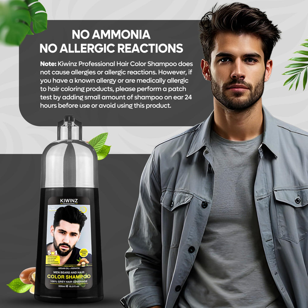 Kiwinz Professional Black Hair Color Shampoo for Men – 5 in 1 Dye Shampoo, Ammonia Free, 500ml, 100% Color Accuracy