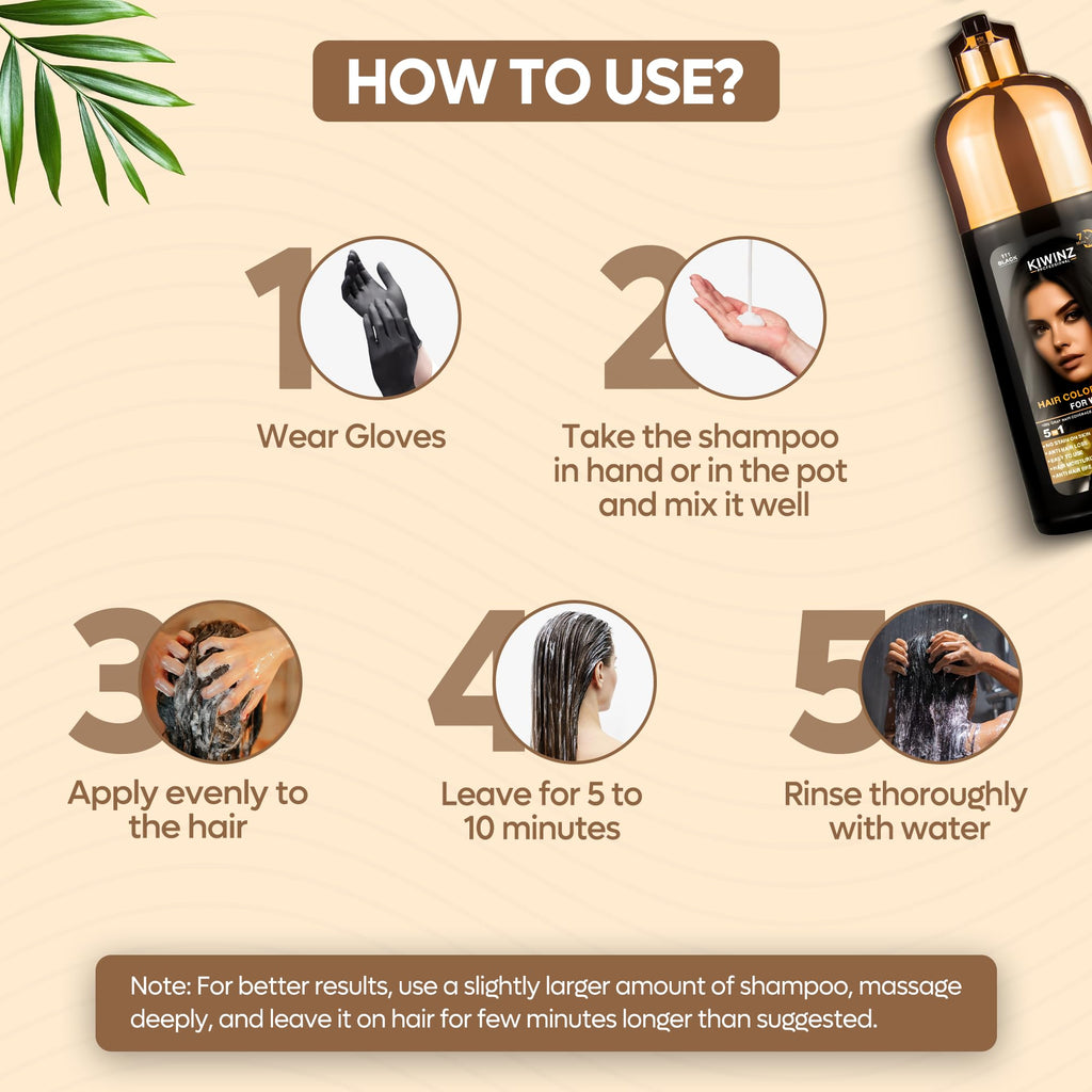 Kiwinz Professional Hair Color Shampoo – 5 in 1, Ammonia-Free, 500ml (Black)