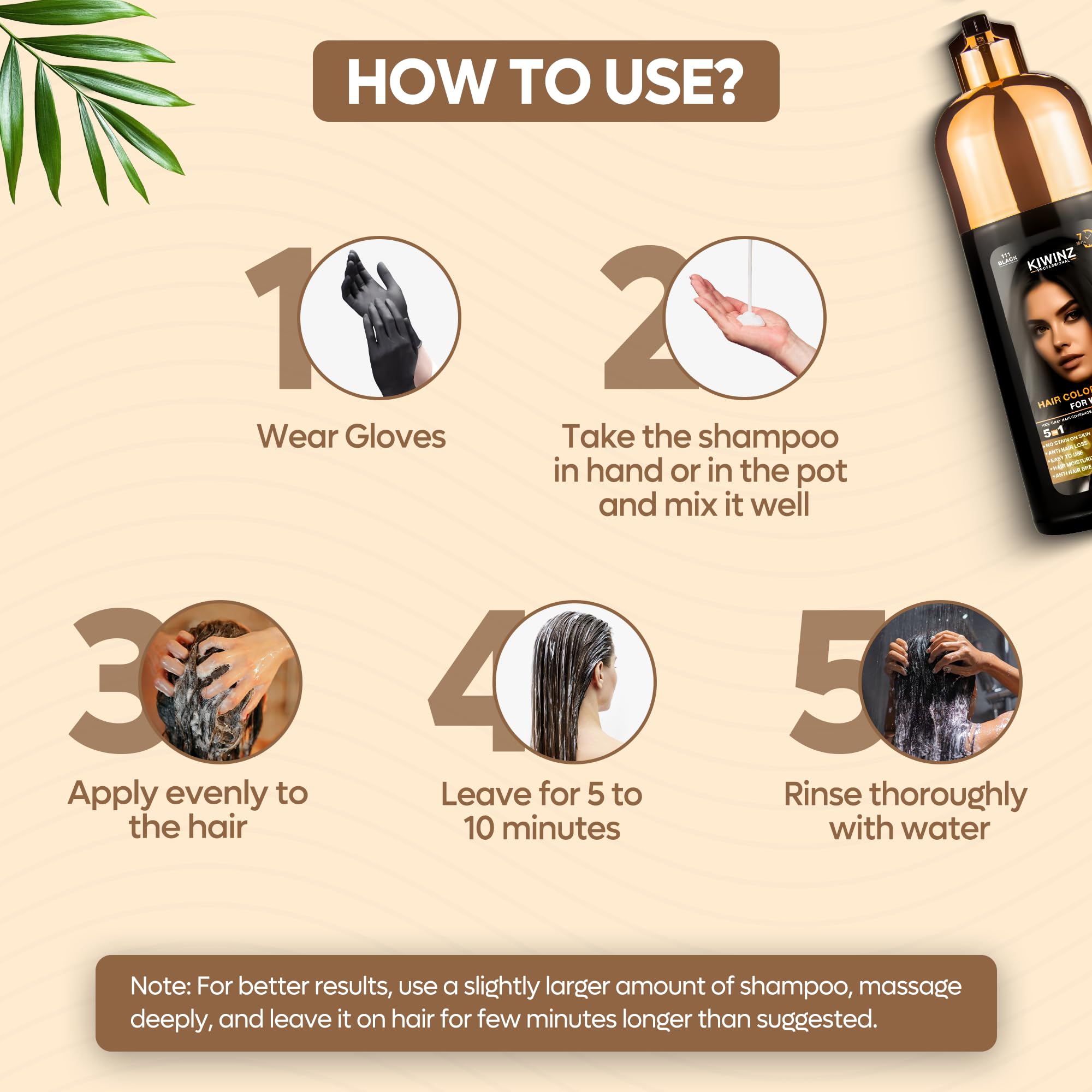 Kiwinz Professional Hair Color Shampoo – 5 in 1, Ammonia-Free, 500ml (Black)
