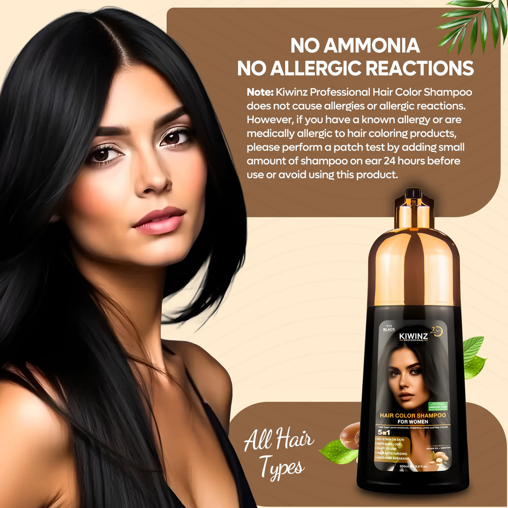 Kiwinz Professional Hair Color Shampoo – 5 in 1, Ammonia-Free, 500ml (Black)