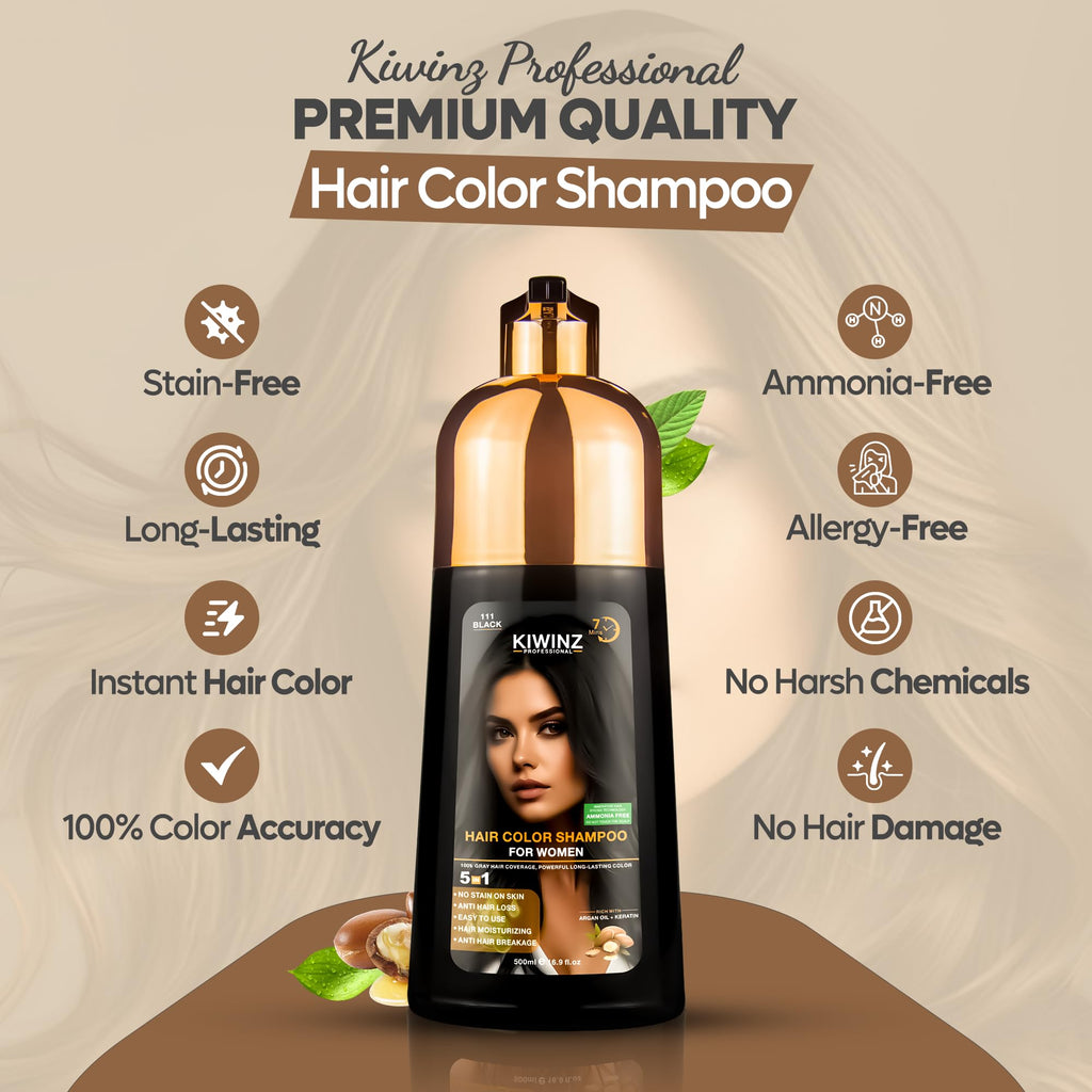 Kiwinz Professional Hair Color Shampoo – 5 in 1, Ammonia-Free, 500ml (Black)