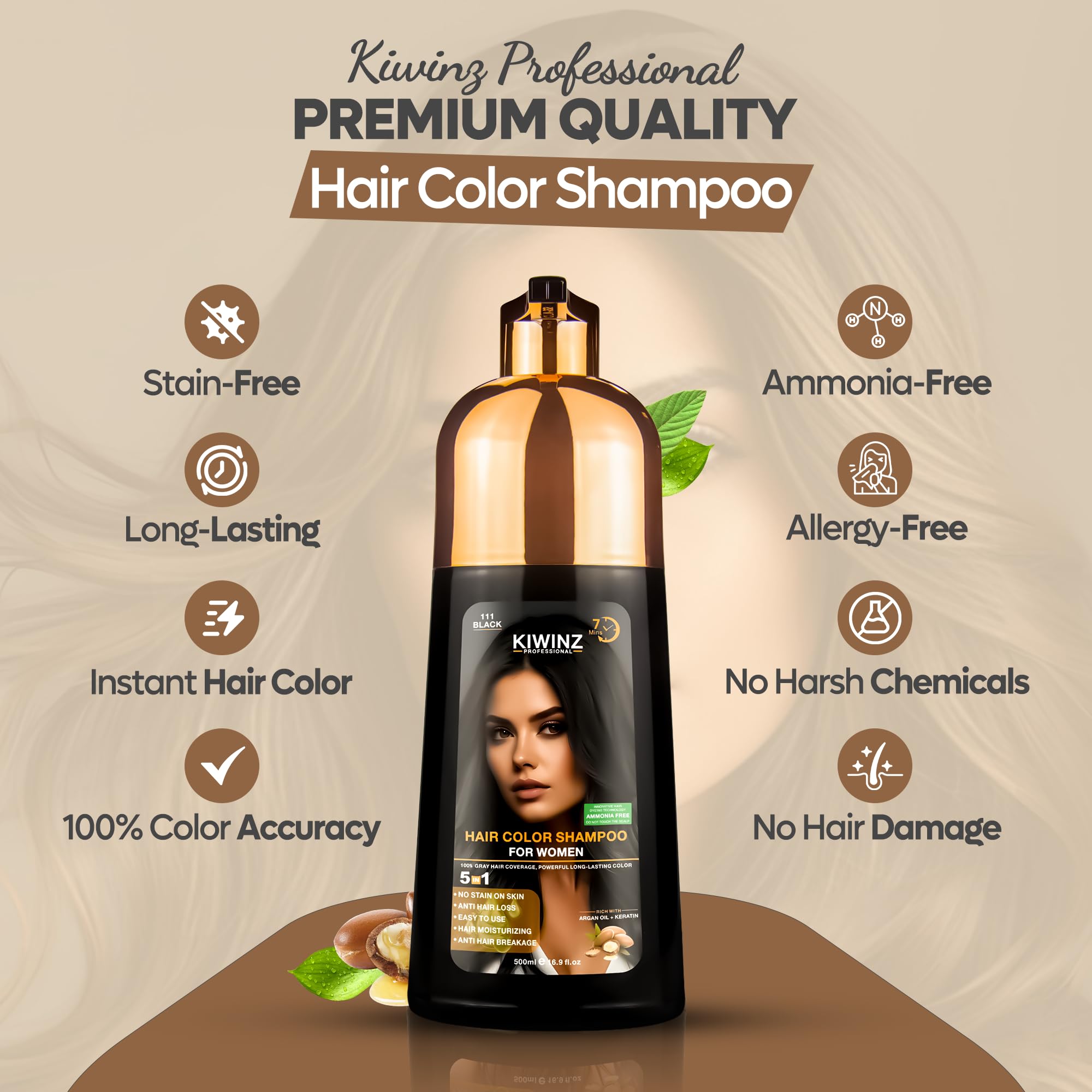 Kiwinz Professional Hair Color Shampoo – 5 in 1, Ammonia-Free, 500ml (Black)