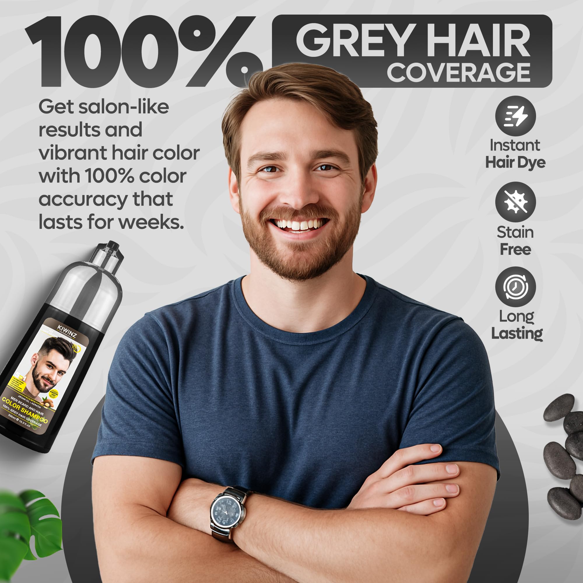 Kiwinz Professional Light Brown Hair Color Shampoo for Men – 5 in 1, Ammonia Free, 500ml