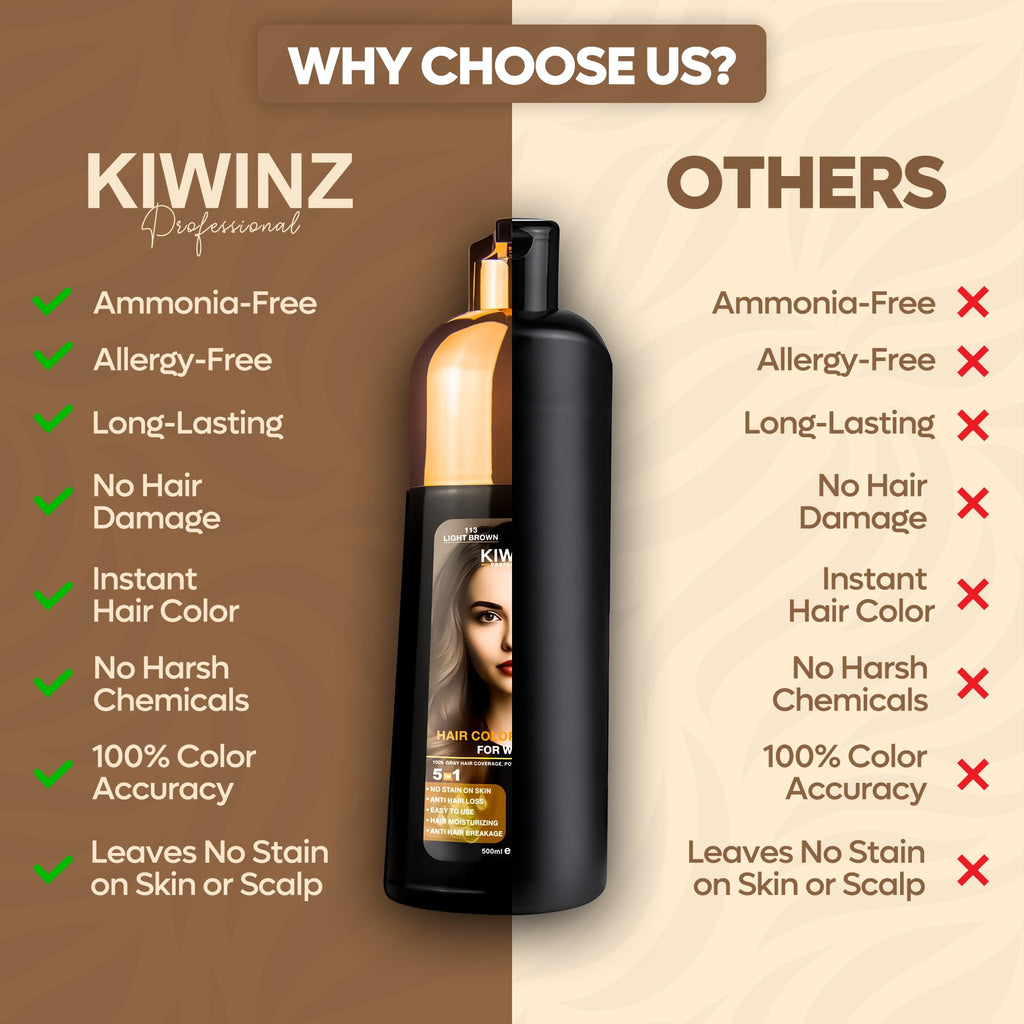 Kiwinz Professional Hair Color Shampoo – 5 in 1, Ammonia-Free, Instant Grey Coverage (Light Brown) – 500ml