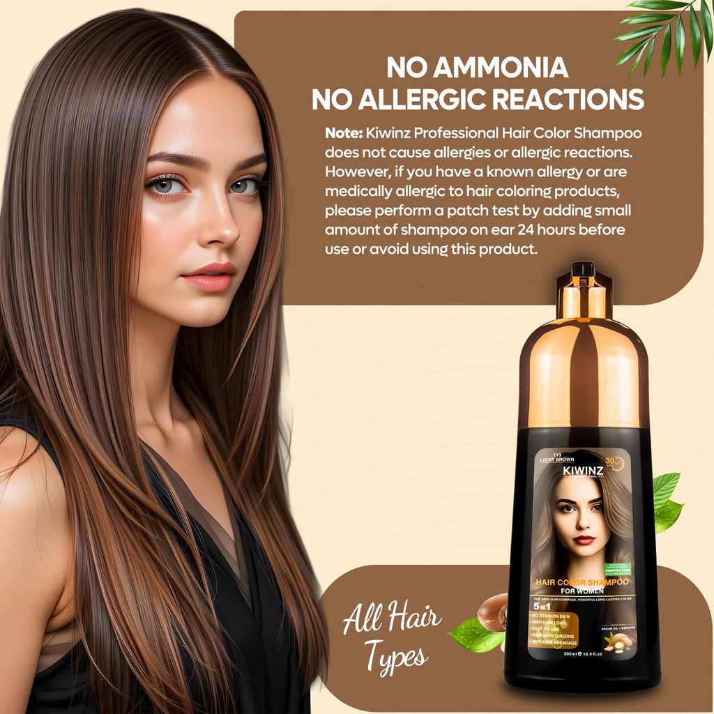 Kiwinz Professional Hair Color Shampoo – 5 in 1, Ammonia-Free, Instant Grey Coverage (Light Brown) – 500ml