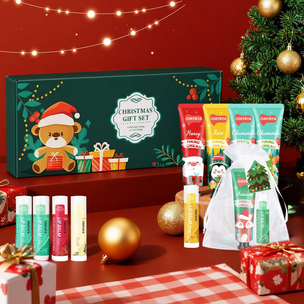 KIYTARBOO Christmas Bulk Gifts for Women – Lip Balm & Hand Cream Set with Organza Bag