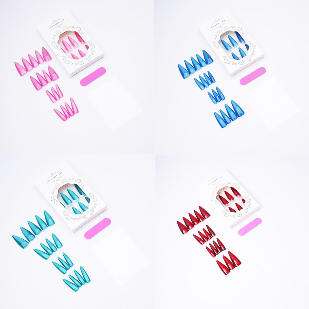 KKUUOO 4 Pack Cat Eye Stiletto Press On Nails – Long Glitter Gradient, 96 Pcs