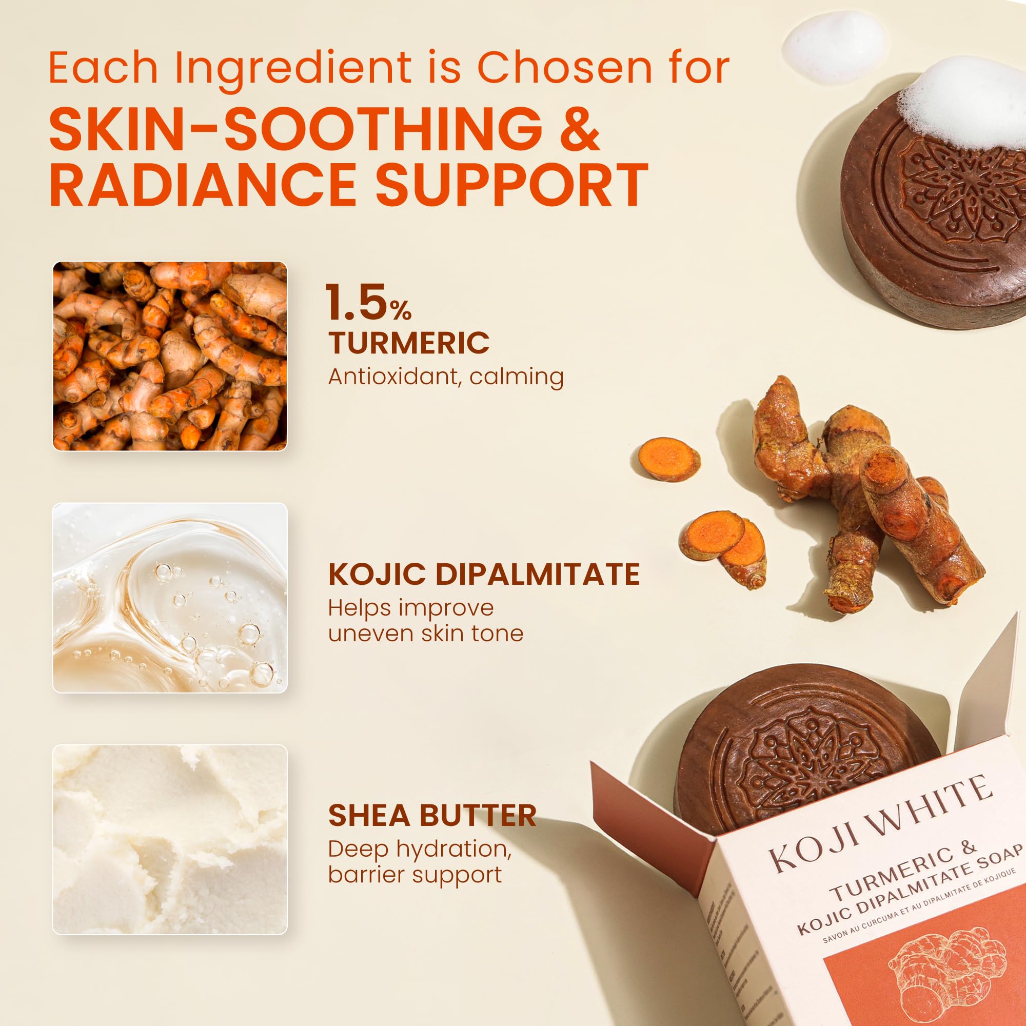 Koji White Turmeric Kojic Acid Soap - Fragrance-Free for Sensitive Skin (2 Bars)