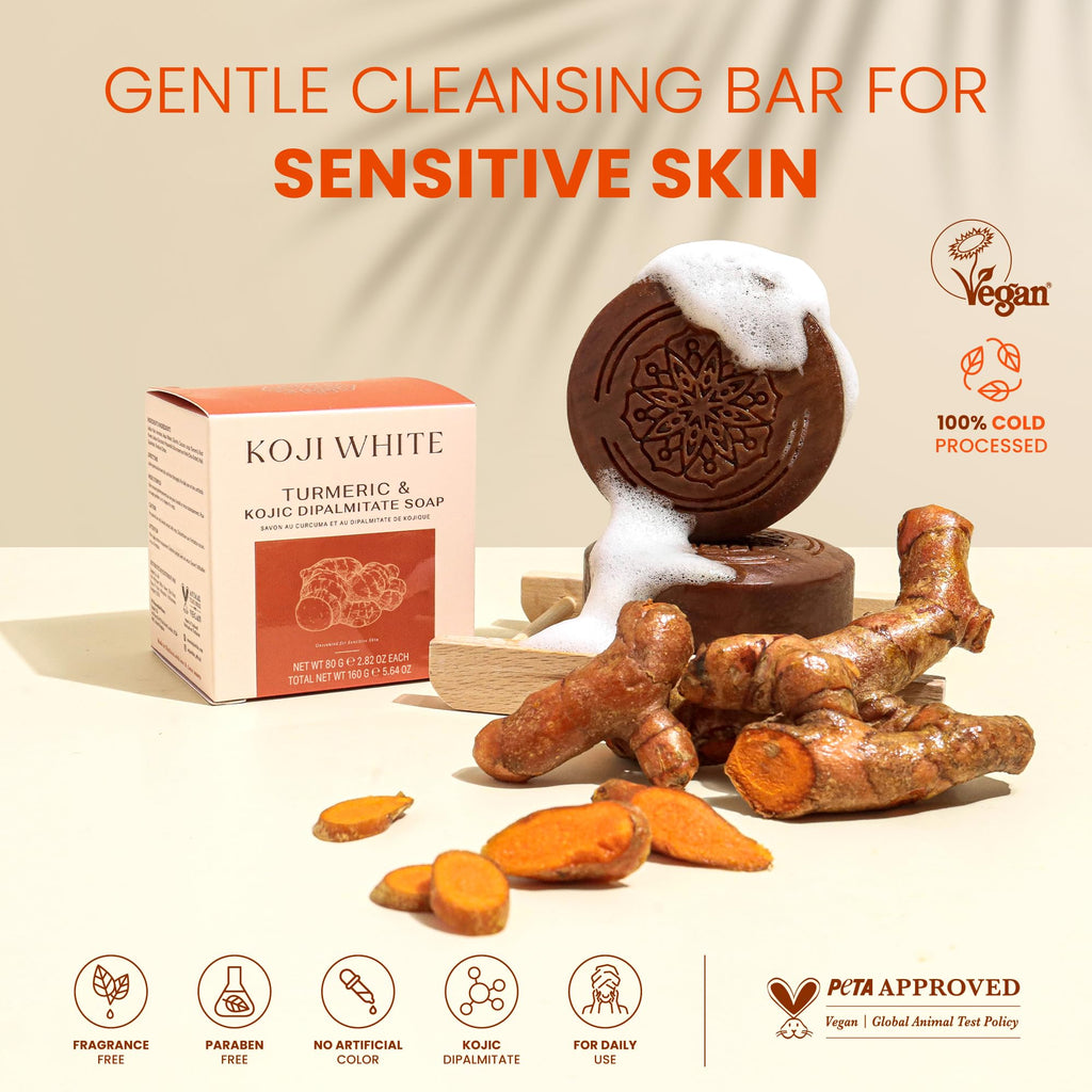 Koji White Turmeric Kojic Acid Soap - Fragrance-Free for Sensitive Skin (2 Bars)