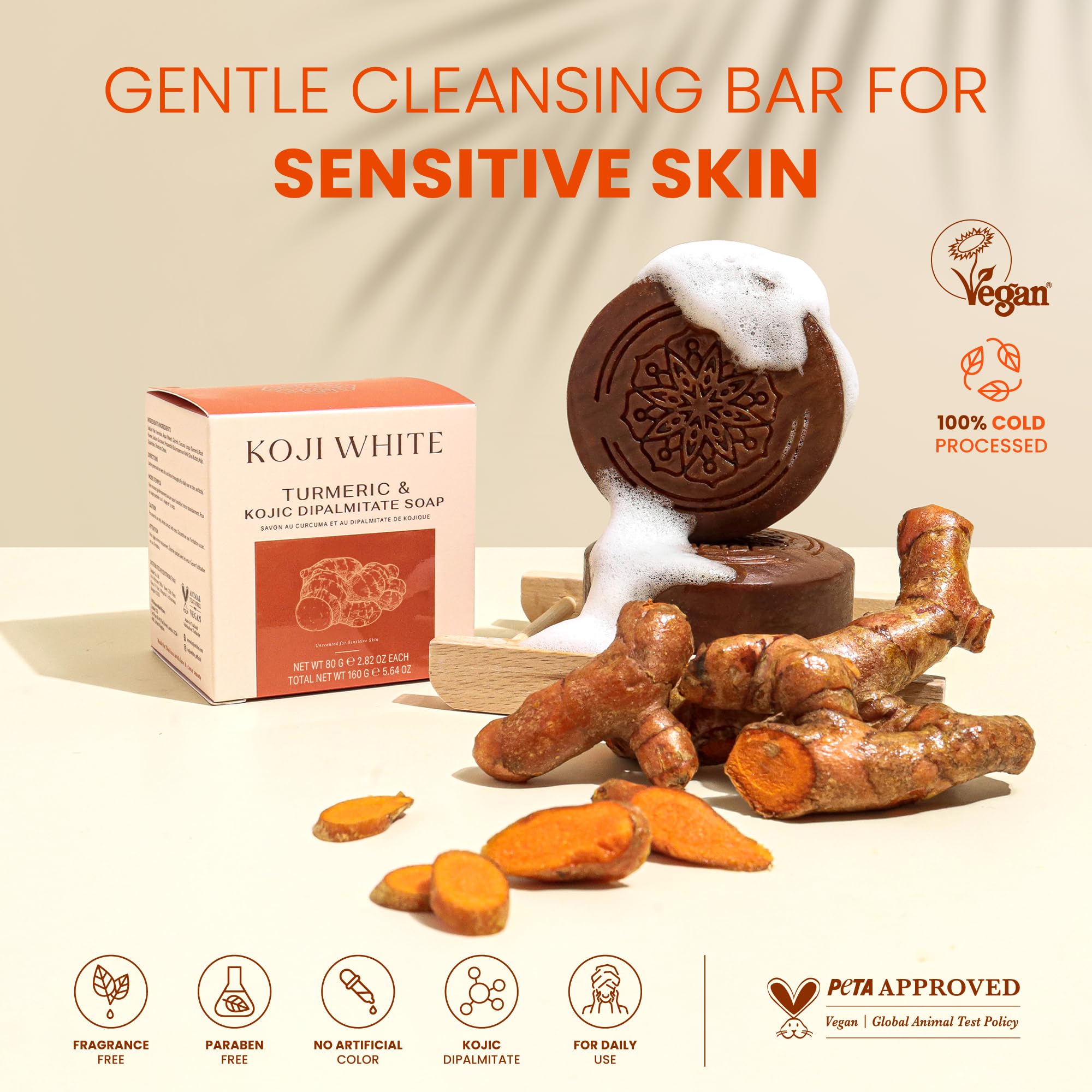 Koji White Turmeric Kojic Acid Soap - Fragrance-Free for Sensitive Skin (2 Bars)