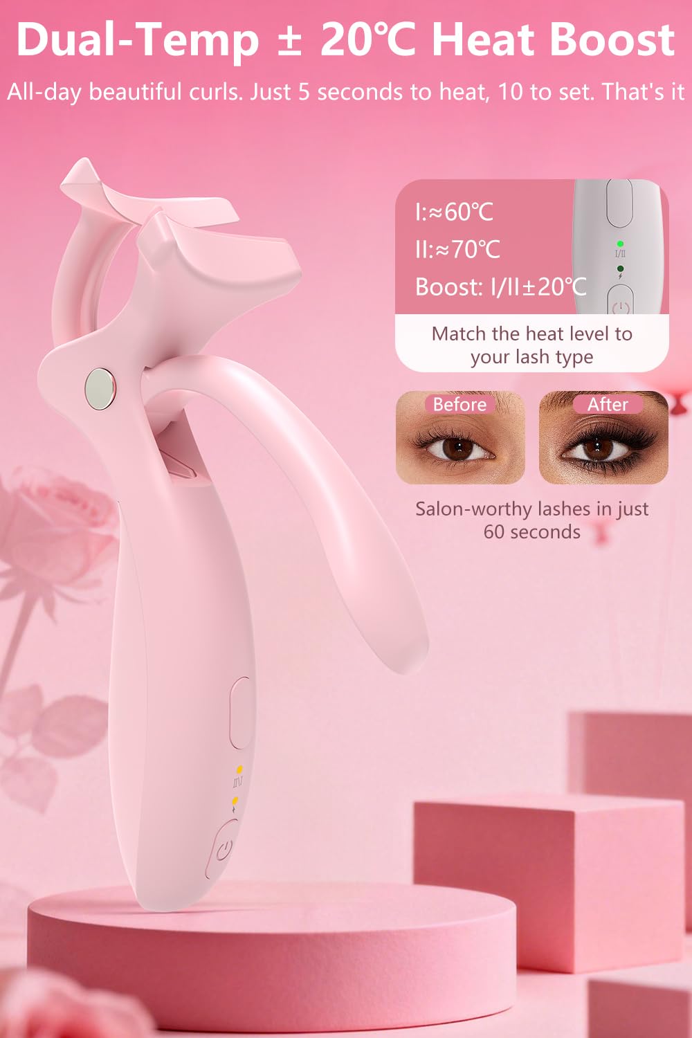 KOKABI Smart Heated Eyelash Curler – USB-C Rechargeable, 2 Heat Settings, All-Day Lift (Pink)