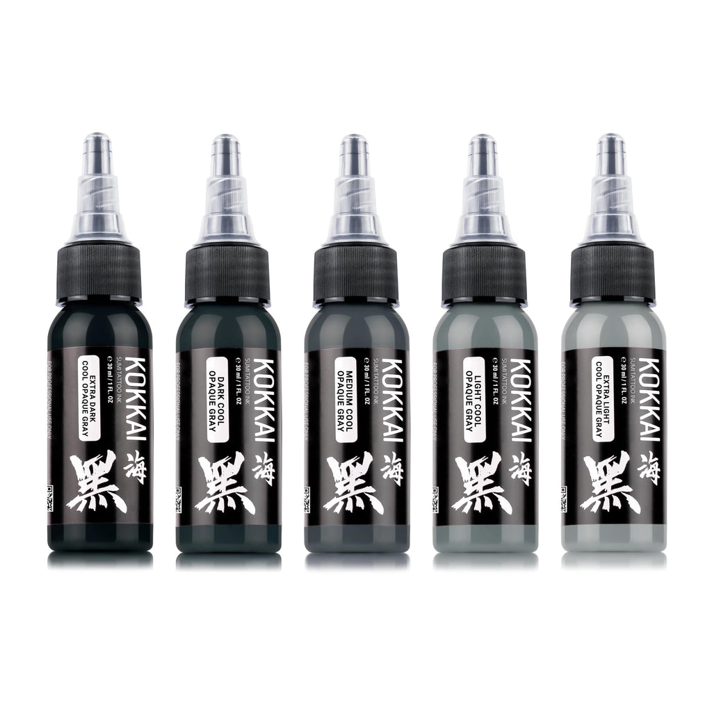 Kokkai Sumi Cool Gray Ink Set – 5x1oz, Water-Based, Acrylic-Free, Vegan & Kosher, Ready-to-Use for Precision Tattooing