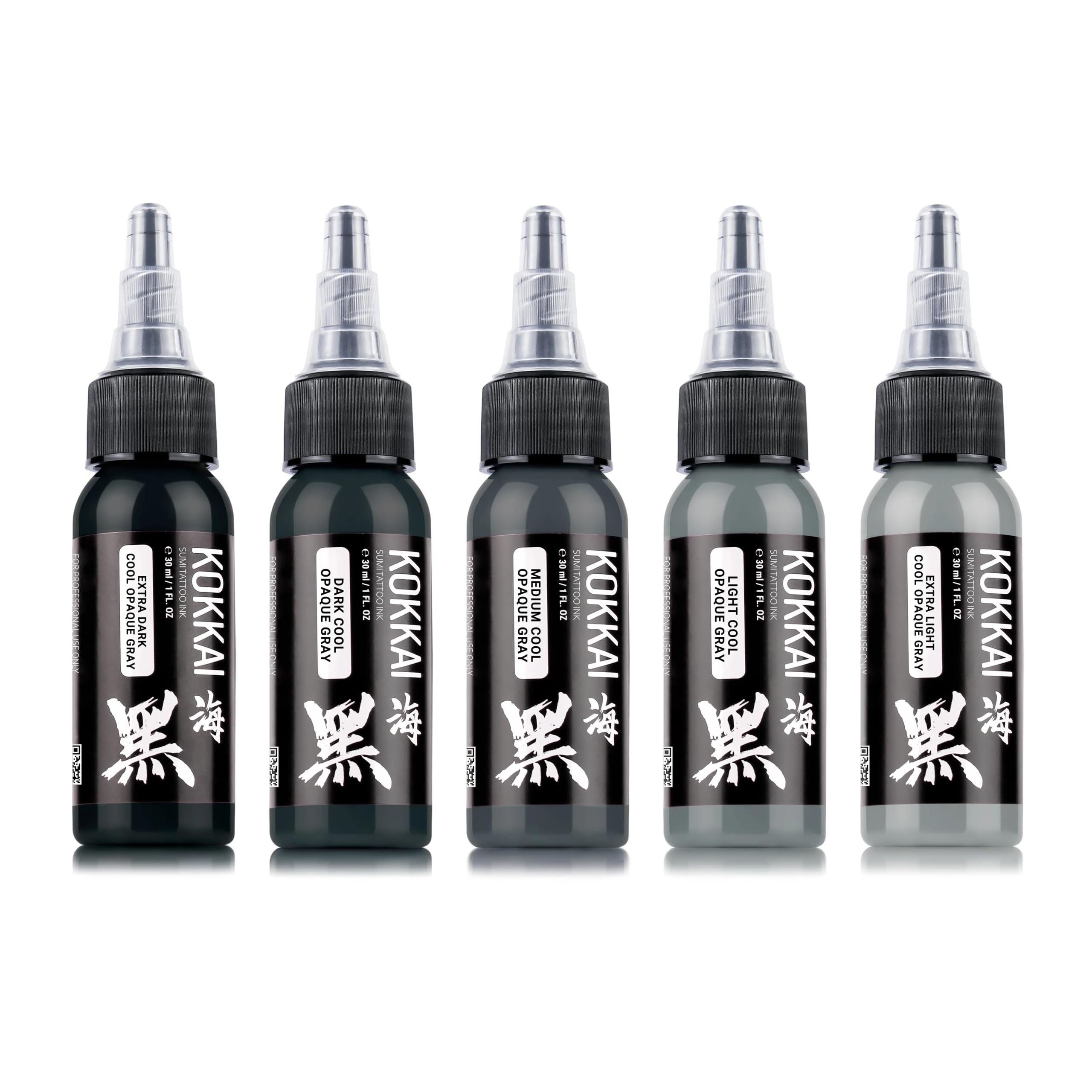 Kokkai Sumi Cool Gray Ink Set – 5x1oz, Water-Based, Acrylic-Free, Vegan & Kosher, Ready-to-Use for Precision Tattooing