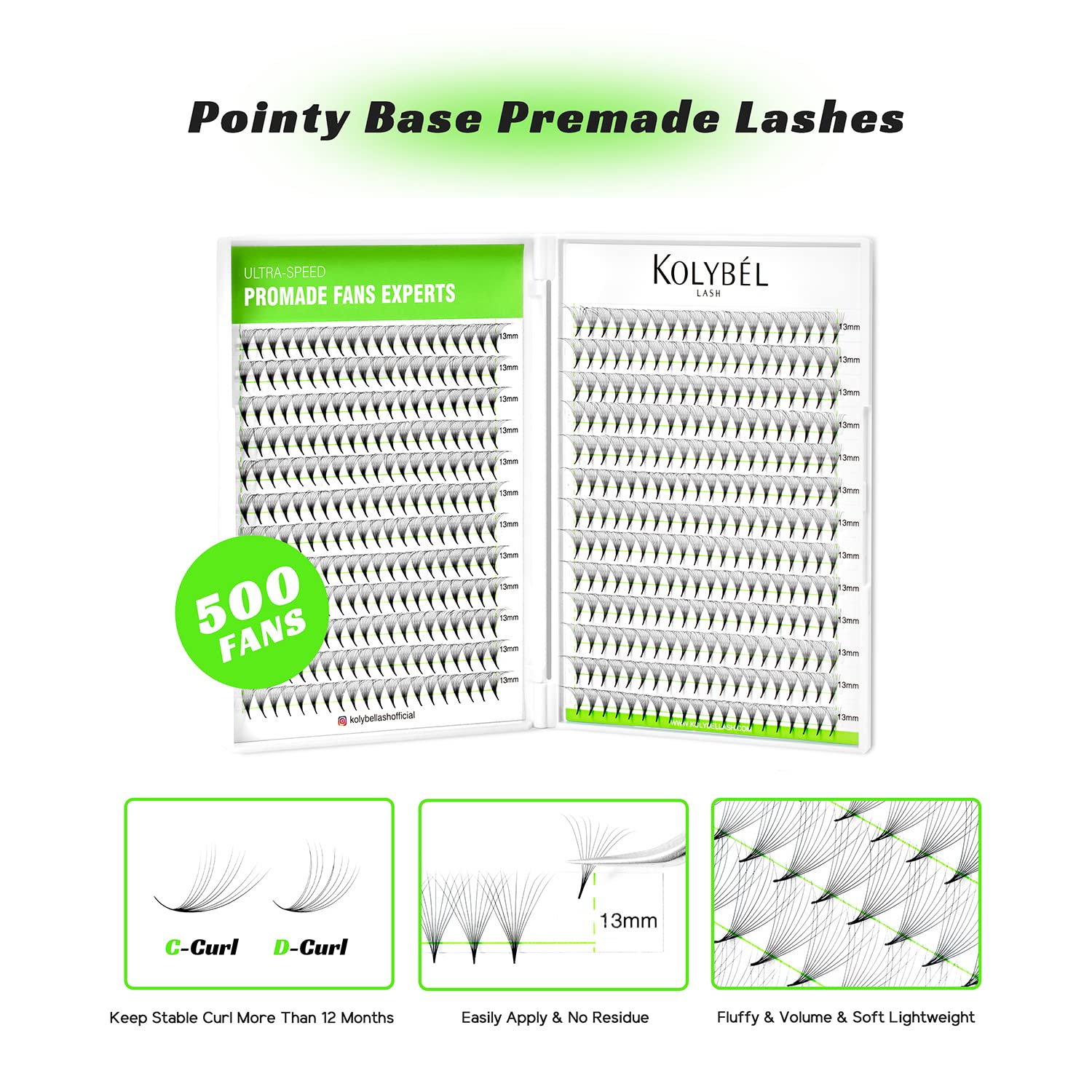 Kolybel 500 Premade Lash Fans - 13mm Single Length, 0.05, 14D, C/D Curl, Handmade Volume Premade Lash Extensions Fans