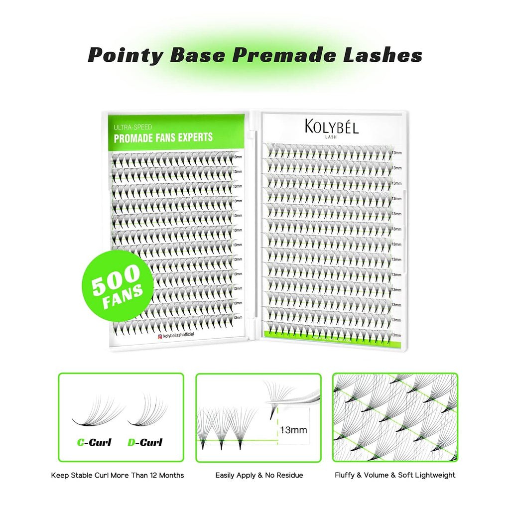 Kolybel 500 Premade Lash Fans 10D 14mm | 0.03 D Curl Premium Premade Eyelash Extensions