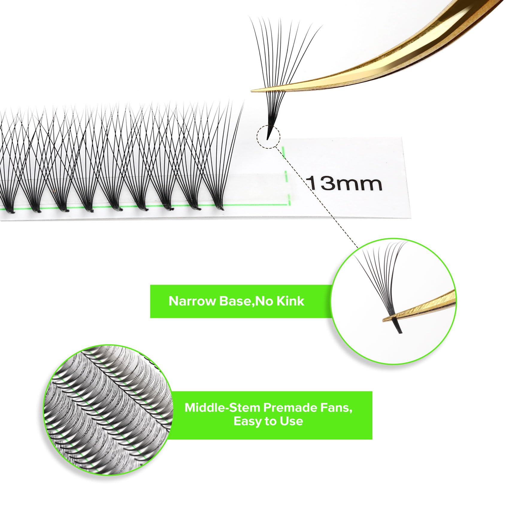 Kolybel Premade Lash Fans 16D Narrow Base, 0.05C, 8-15mm | Mixed Length Volume Fans