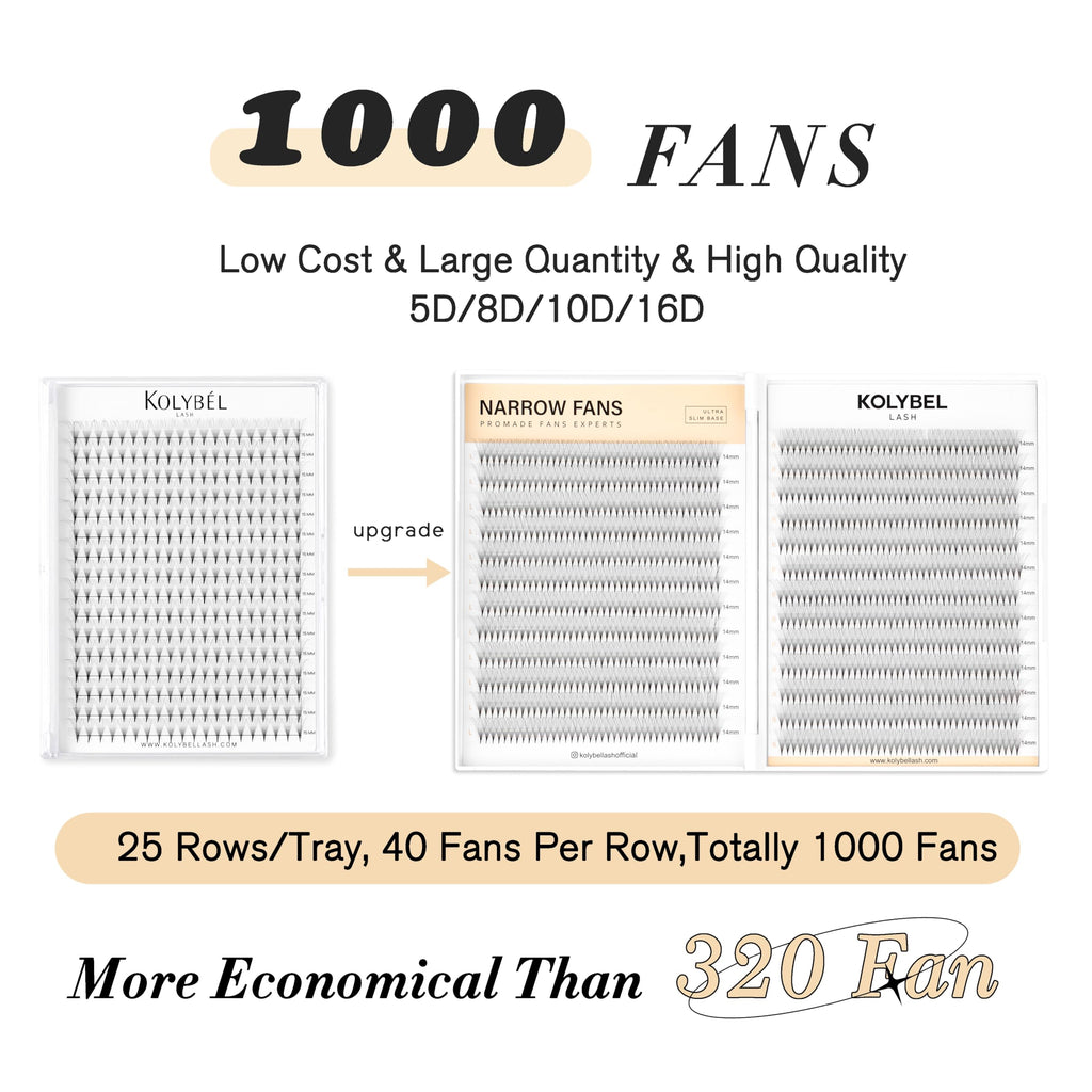 Kolybel 1000 Premade Lash Fans 10D-0.05C-8mm – Narrow Base, Handmade Volume Extensions