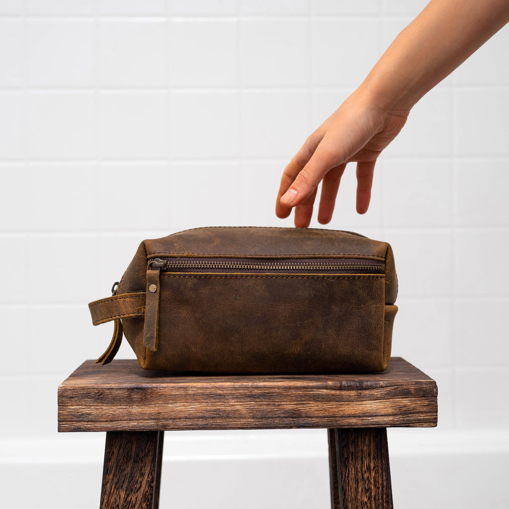 KomalC Travel Toiletry Bag - Premium Buffalo Leather Dopp Kit with Water-Resistant Lining