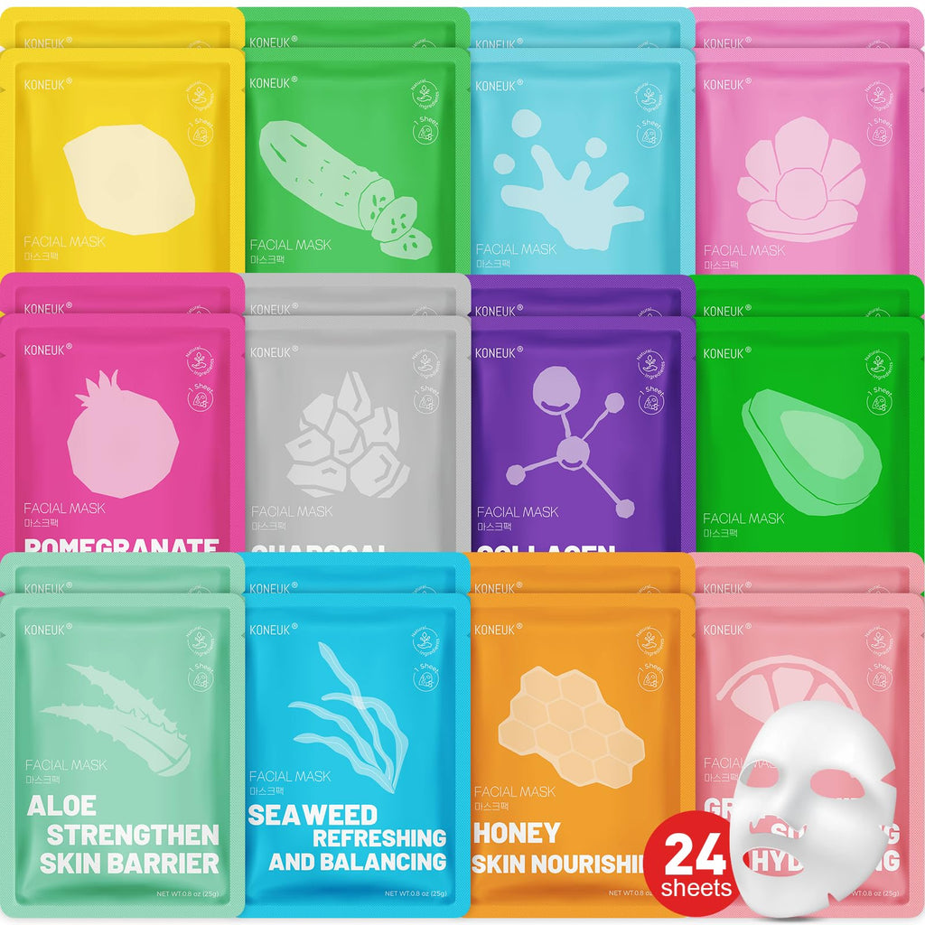 KONEUK 24 Pack Hydrating Face Masks – Soothing & Moisturizing Skincare for All Skin Types